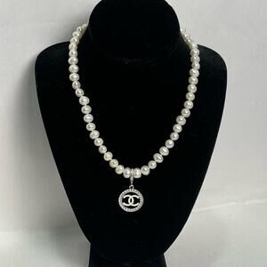 CHANEL White Pearl Necklace Rhinestone Silver Pendant